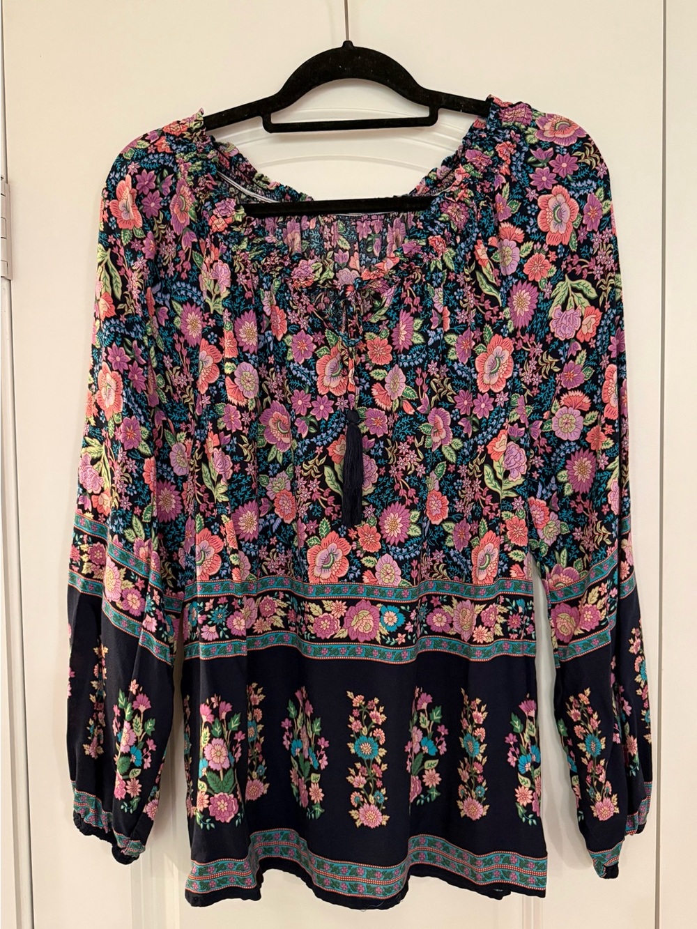 Easel Boho Floral Peasant Tunic - Navy with Pink & Green Print